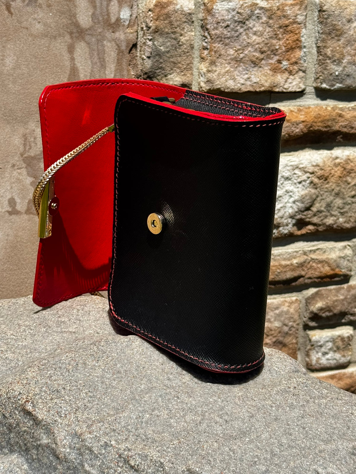 Designer Italian Black and Red Leather Purse with Gold Chain and Magnetic Closure