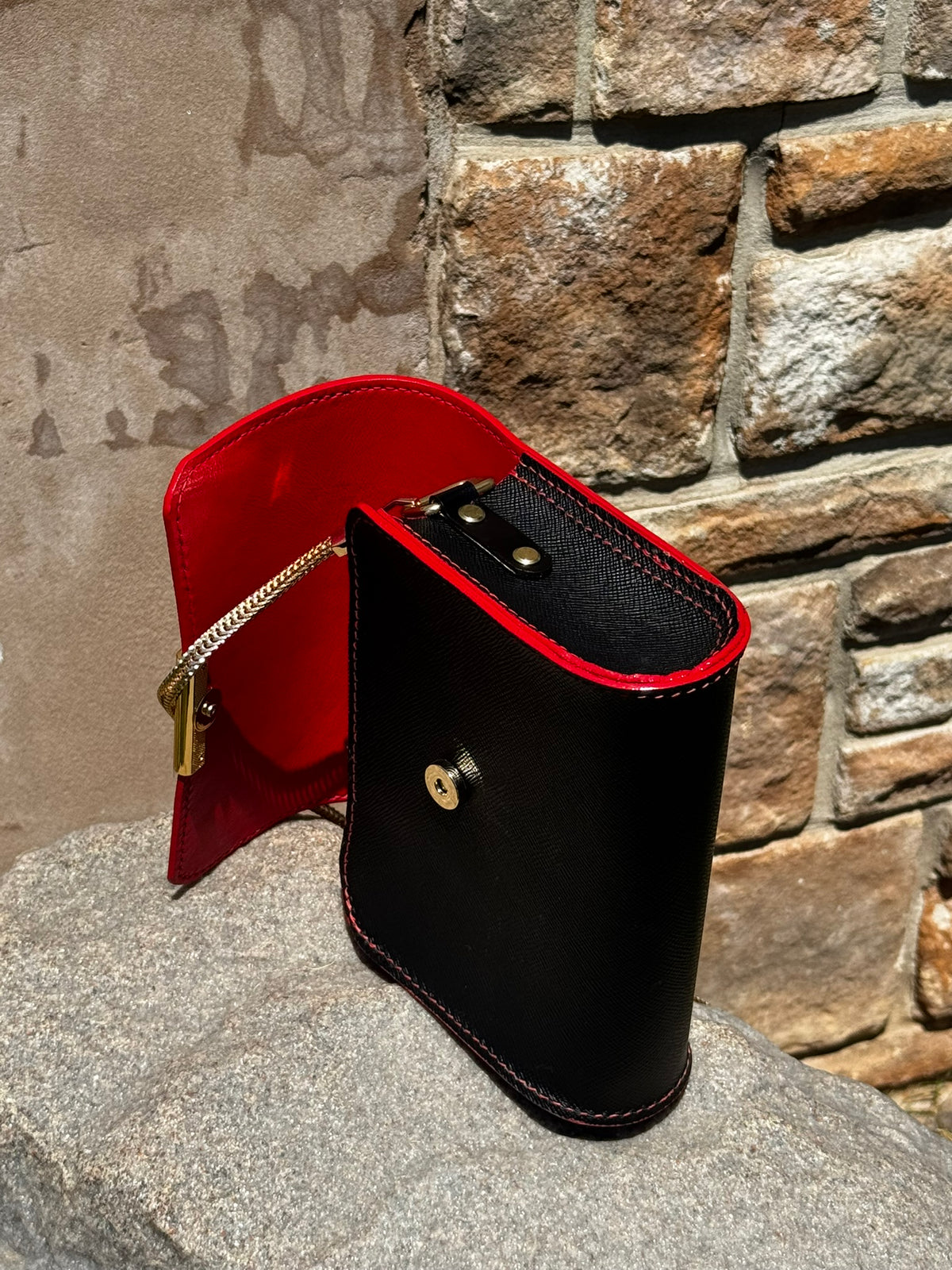 Designer Italian Black and Red Leather Purse with Gold Chain and Magnetic Closure