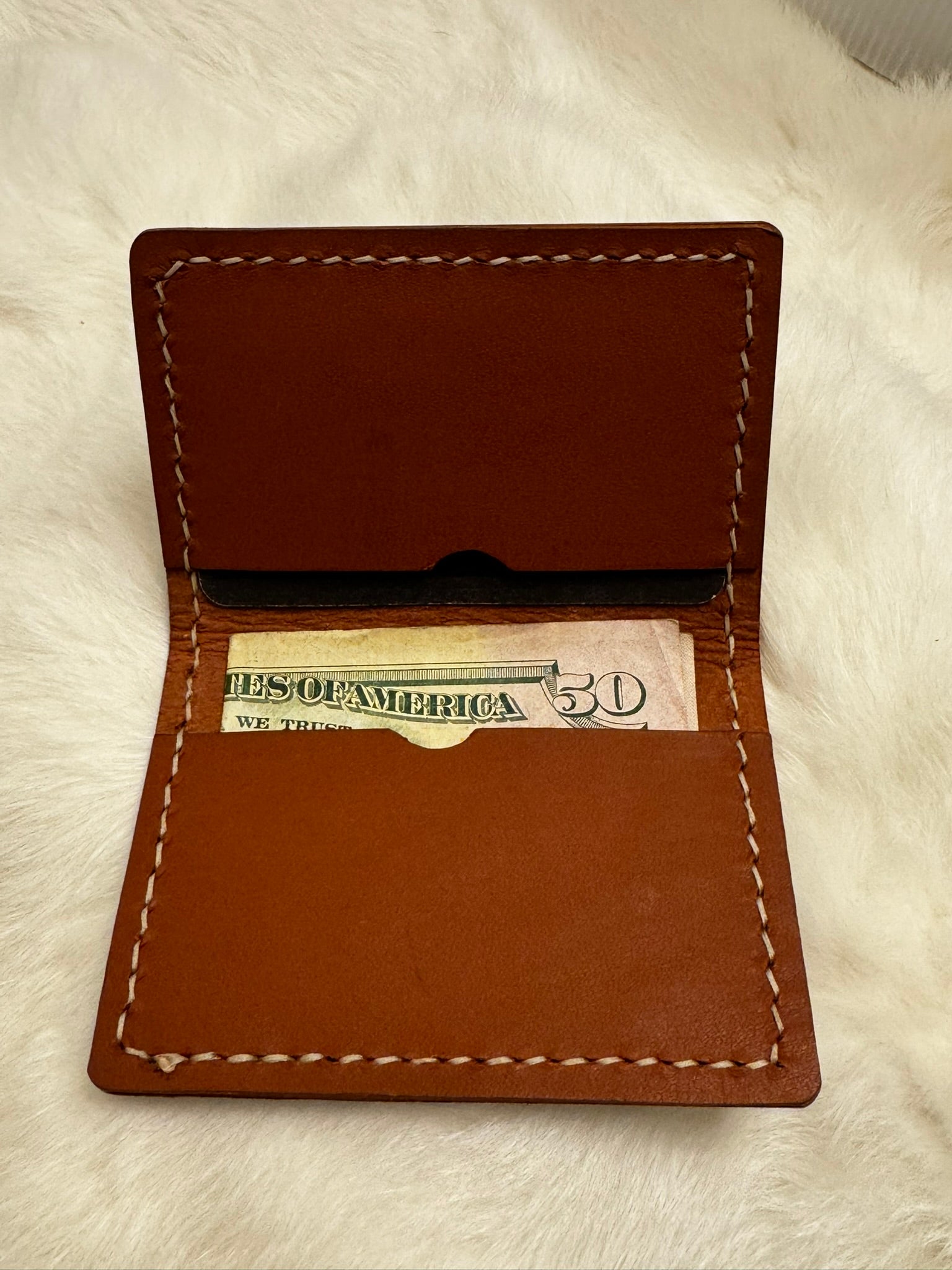 Folding Leather Card Wallet with Two Pockets Holding Six Cards or More Plus Cash