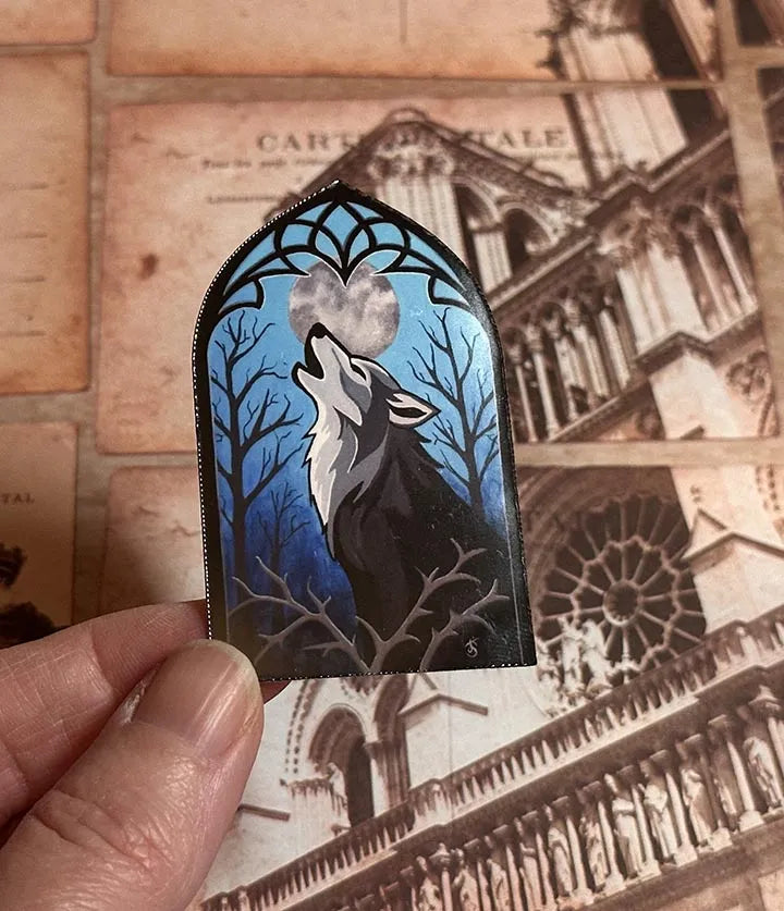 Howling Wolf Vinyl Sticker, Hand-Painted Gothic Dark Fantasy Animal Art, Matte Waterproof Decal