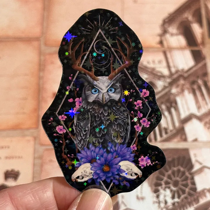Dark Fantasy Owl Art Vinyl Sticker: Floral Horned Animal Decal, Original Hand-Painted Art