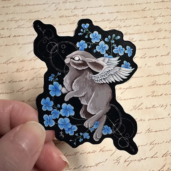 Angel Bunny Art Vinyl Sticker with Forget Me Nots, Original Hand-Painted Art