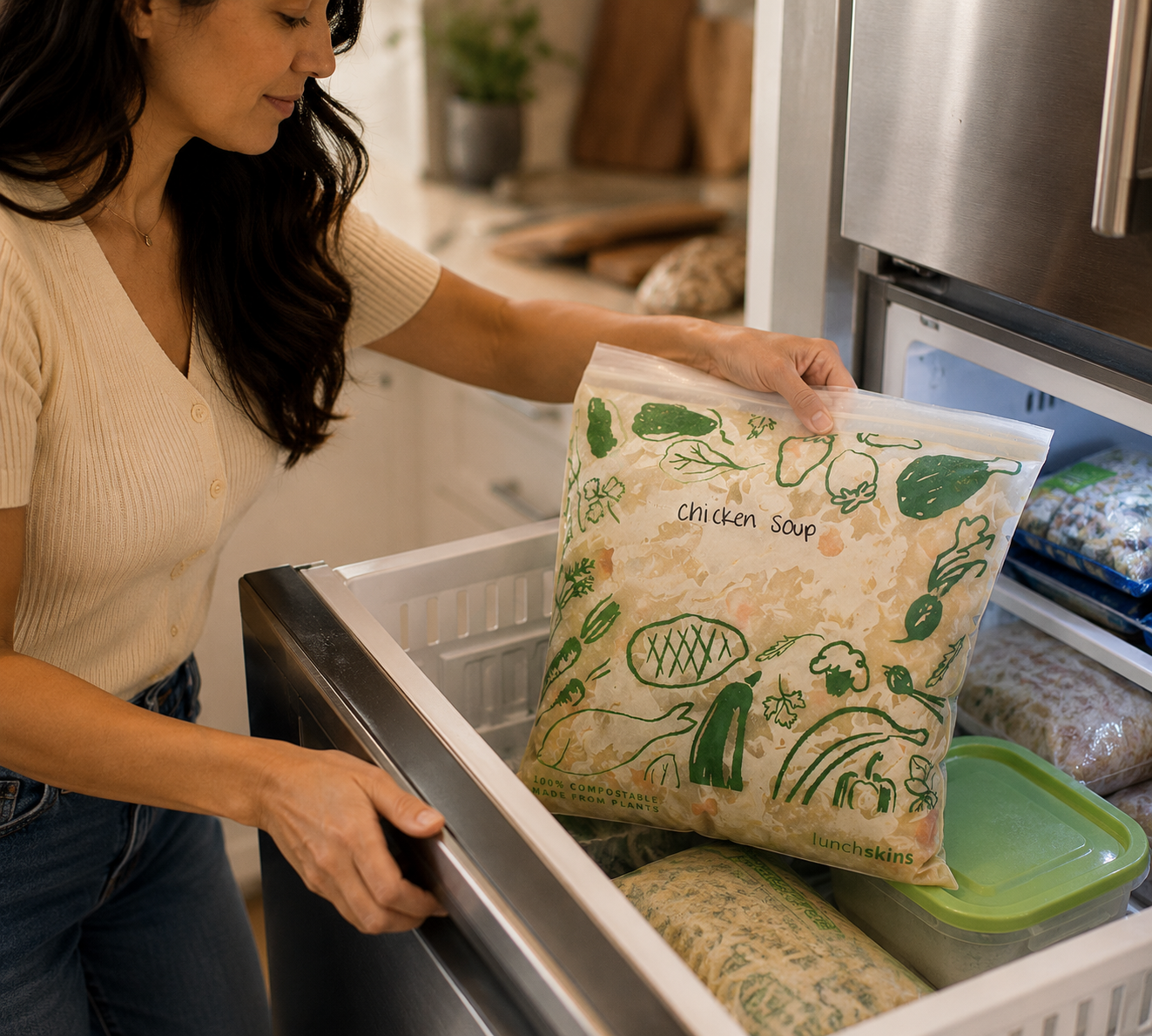 Woman opening a refrigerator with a package of chicken soup in her hand