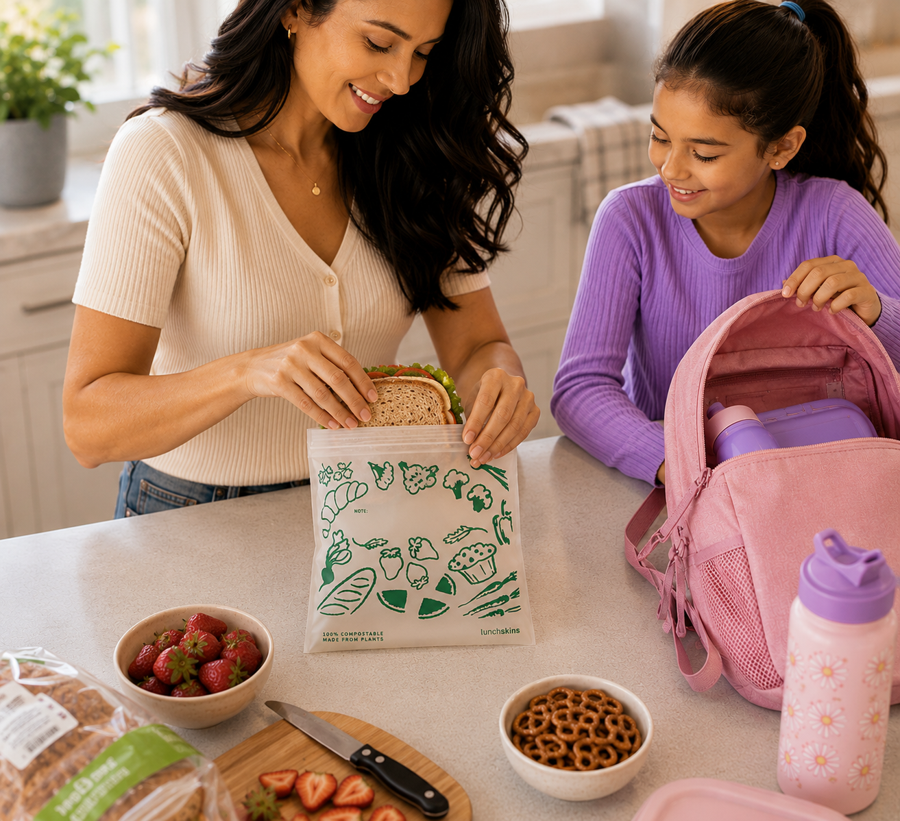 Woman and child preparing a lunch together with a reusable bag, in a kitchen setting.