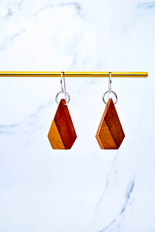 Handmade wooden cone earrings, two-tone hardwood drop with sterling silver hooks