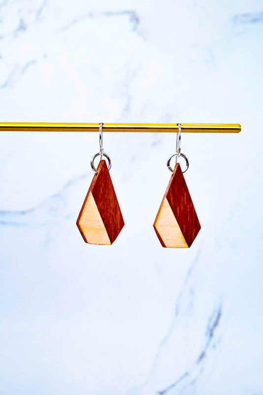 Inlay cone earrings in walnut with cherry accent, lightweight wooden drop on nickel-free hardware