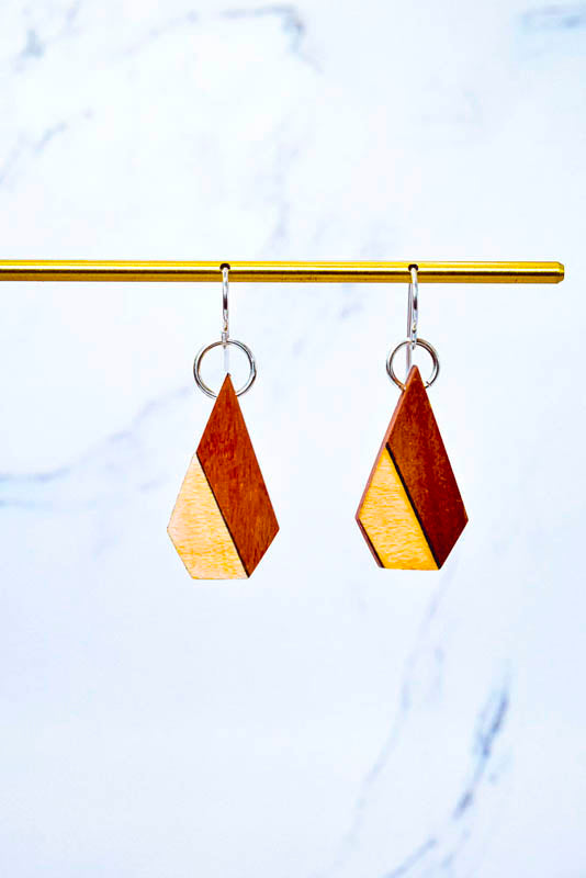 Inlay cone earrings in walnut with cherry accent, lightweight wooden drop on nickel-free hardware