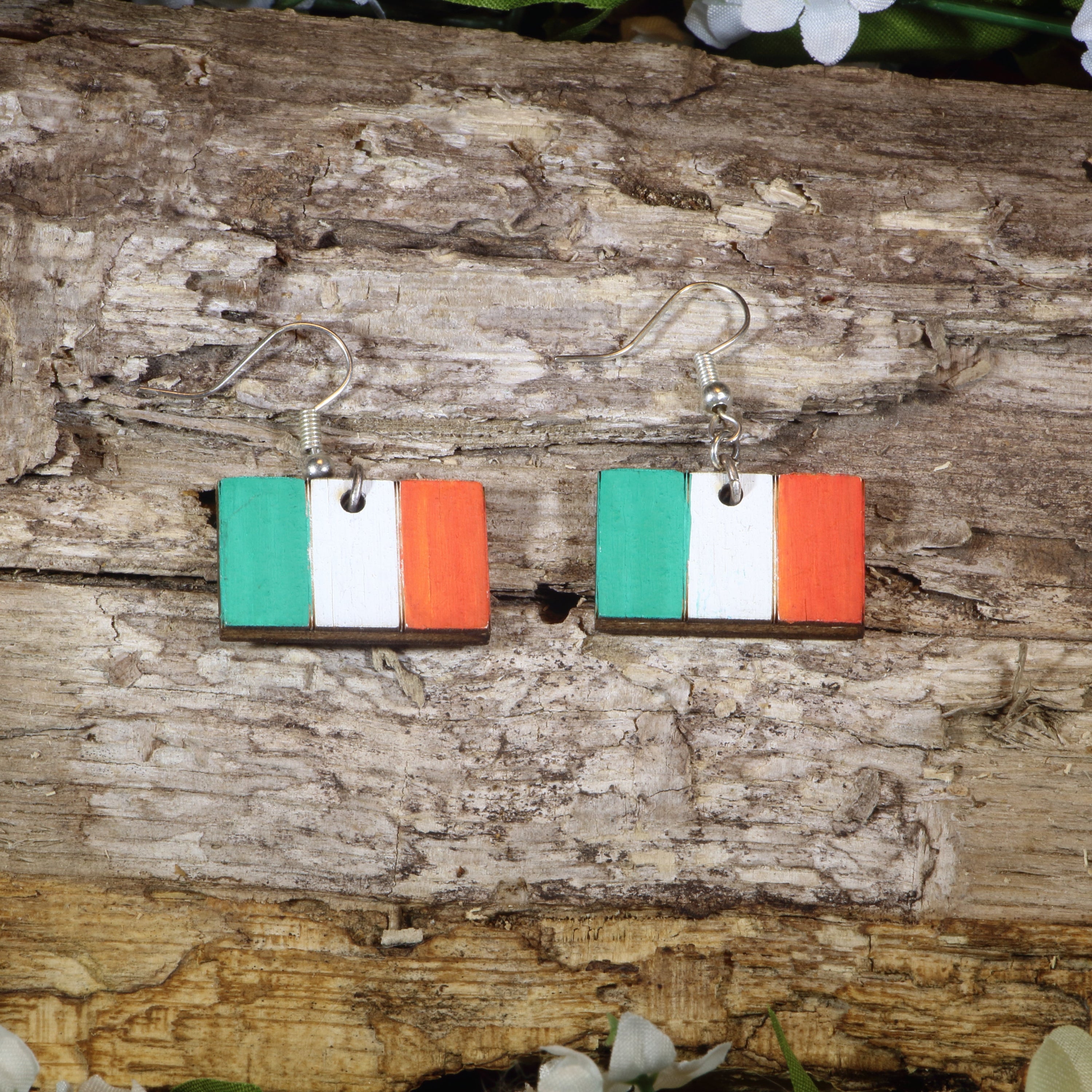Hand-painted wooden Irish flag dangle earrings featuring the green, white, and orange tricolor design, hypoallergenic sterling silver hooks, and lightweight Irish pride jewelry for St. Patrick’s Day celebrations and Irish heritage by Cate&