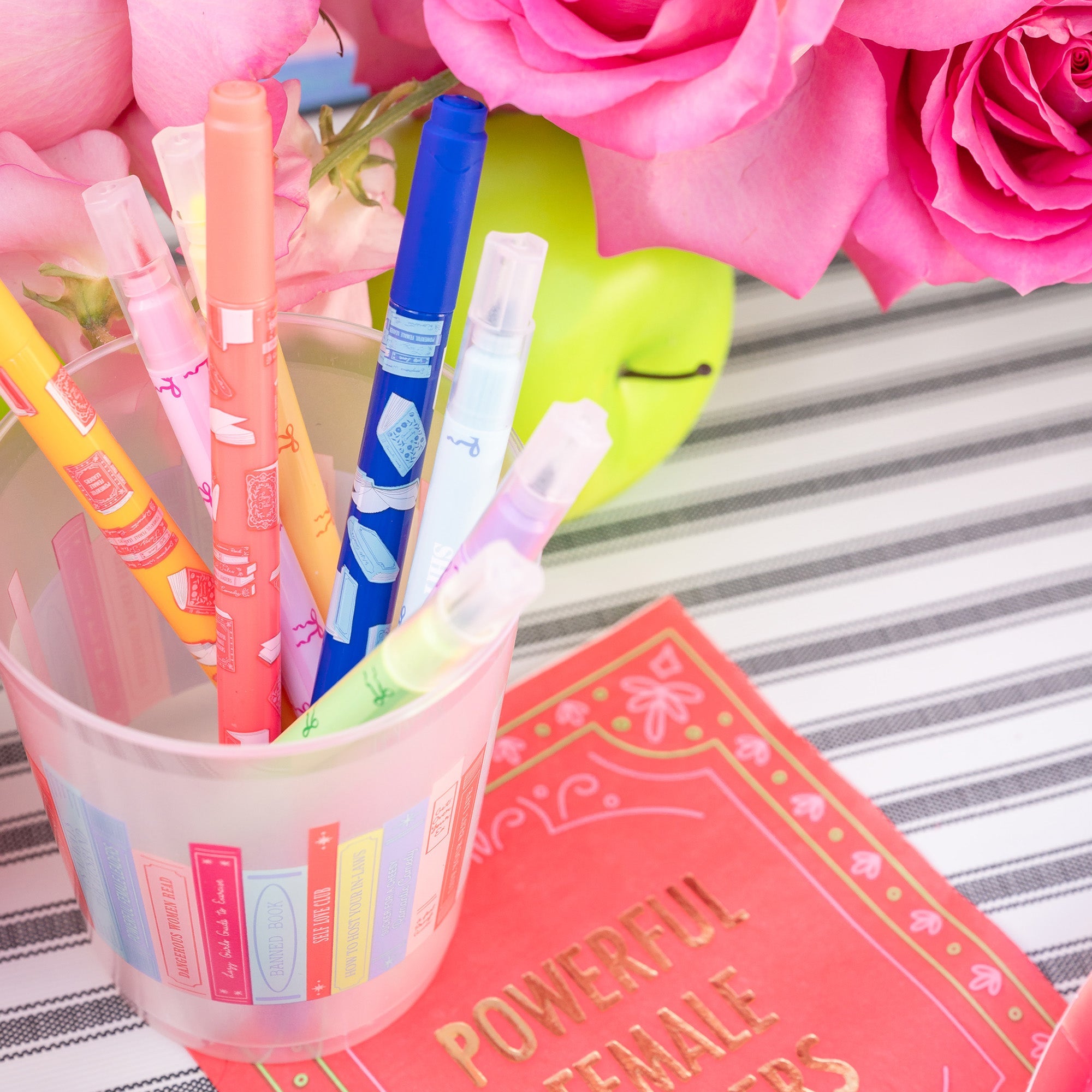 Book Club stationery collection lifestyle showing markers and writing tools with reading accessories, Jollity & Co.