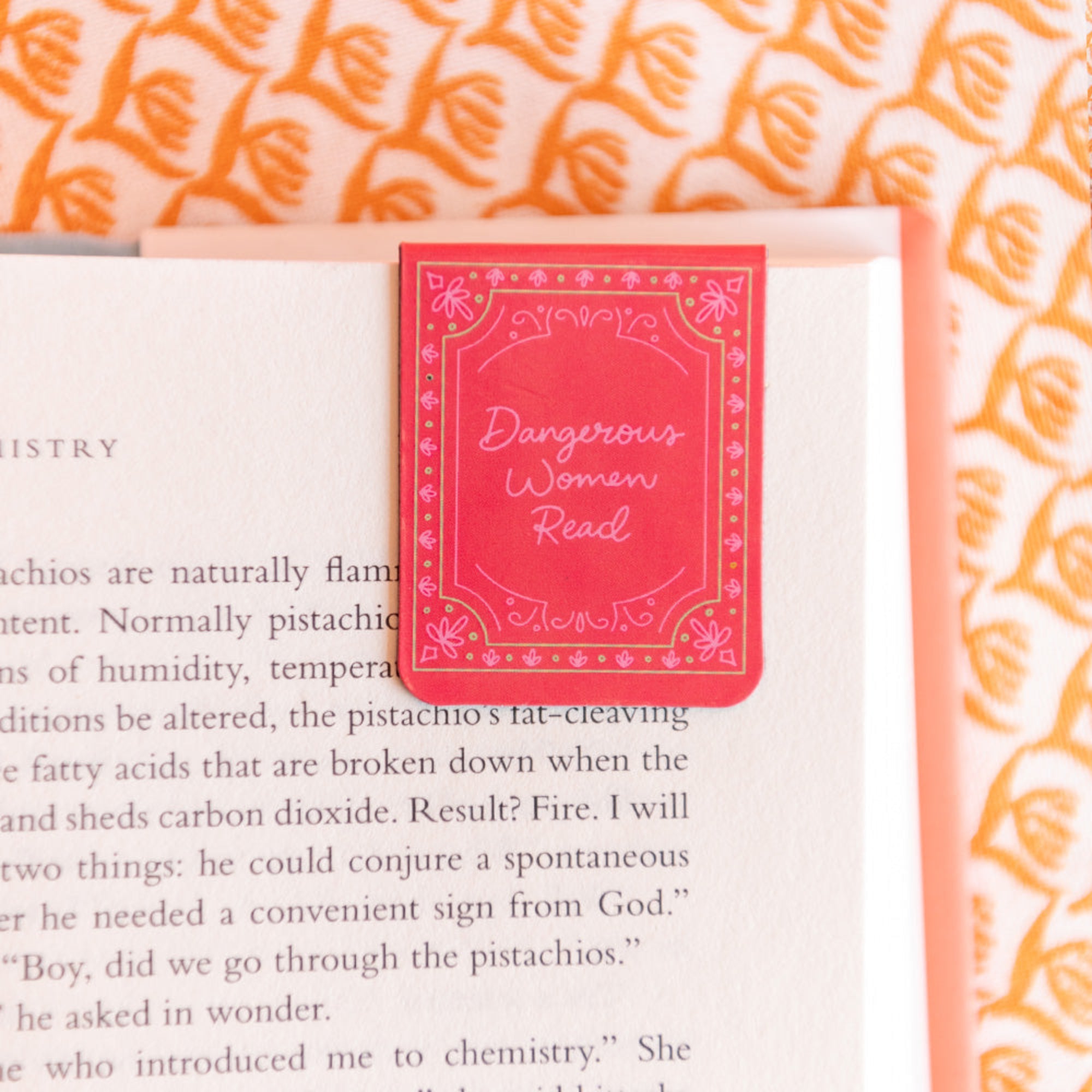 Book Club magnetic bookmark in use inside open book showing secure magnetic closure detail, Jollity & Co.