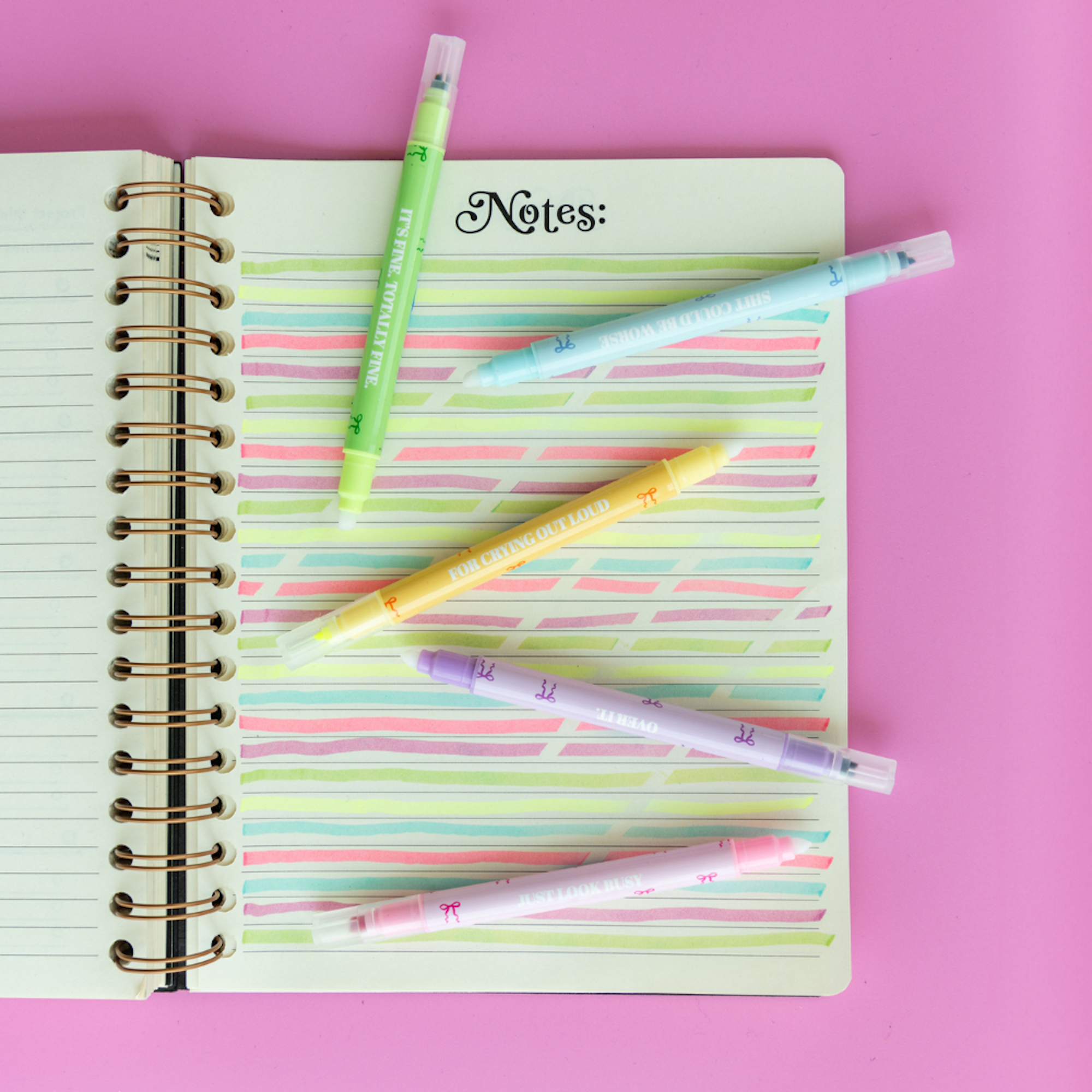 Book Club erasable highlighters close-up showing chisel tip and book-pattern designs on each pen, Jollity & Co.