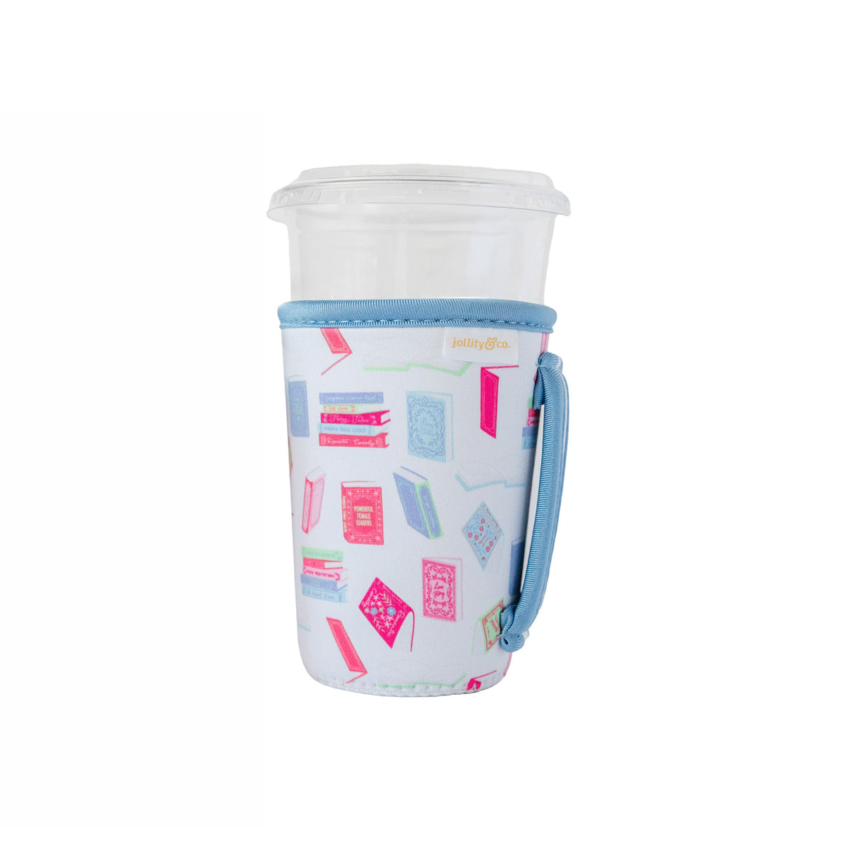 Book Club themed beverage sleeve, size option shown.