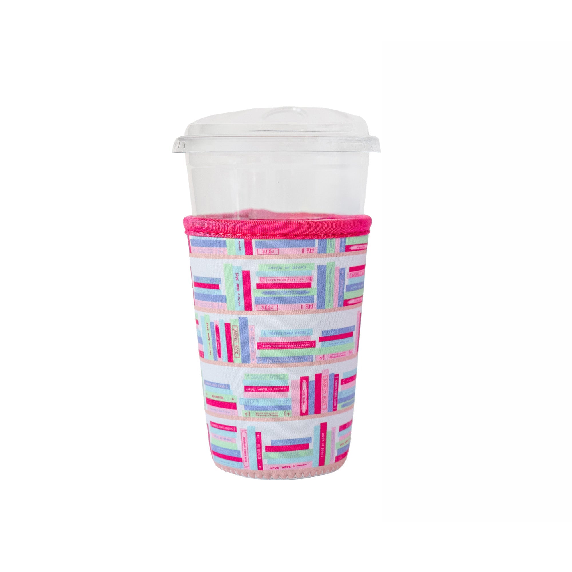 Bookshelf print beverage sleeve displaying colorful book spine illustration on neoprene sleeve, Jollity & Co.