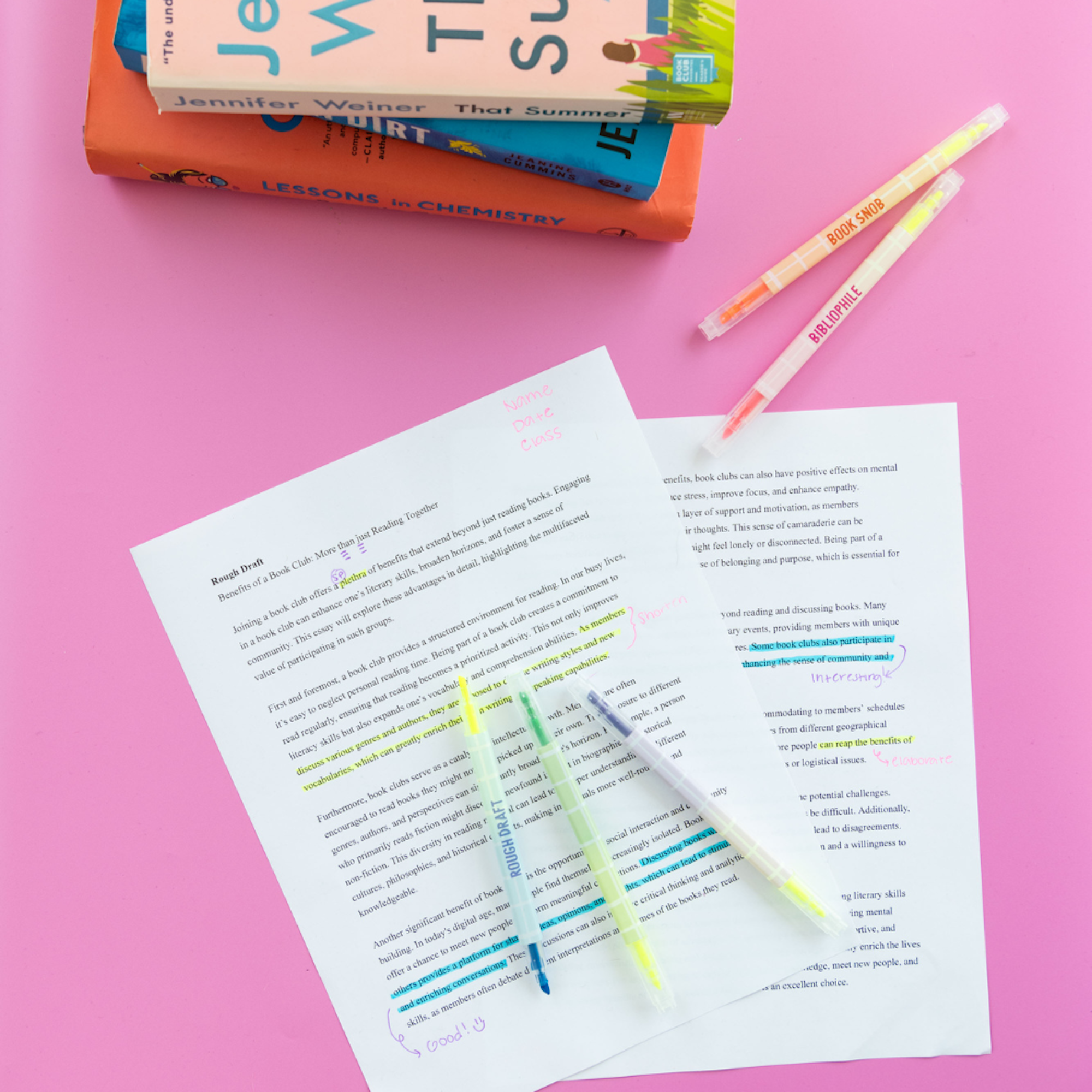 Book Club double-sided highlighter set styled with notebook and reading accessories, Jollity & Co.