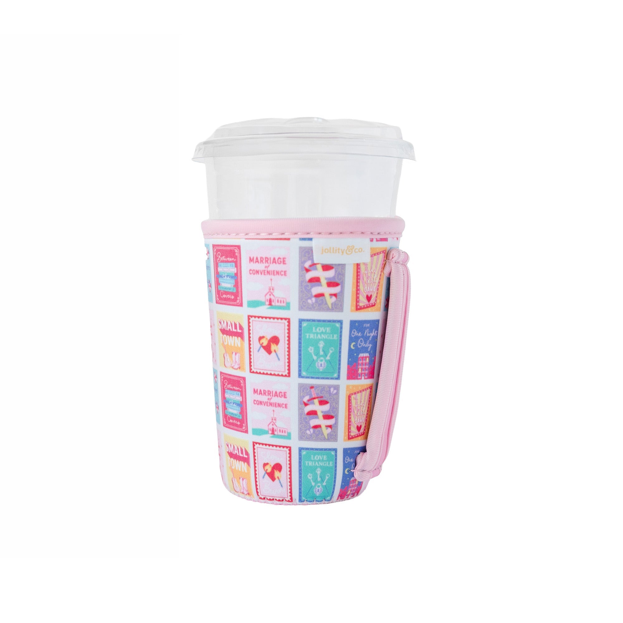 RomCom beverage sleeve flat lay displaying three style options with rom-com book-themed designs, Jollity & Co.