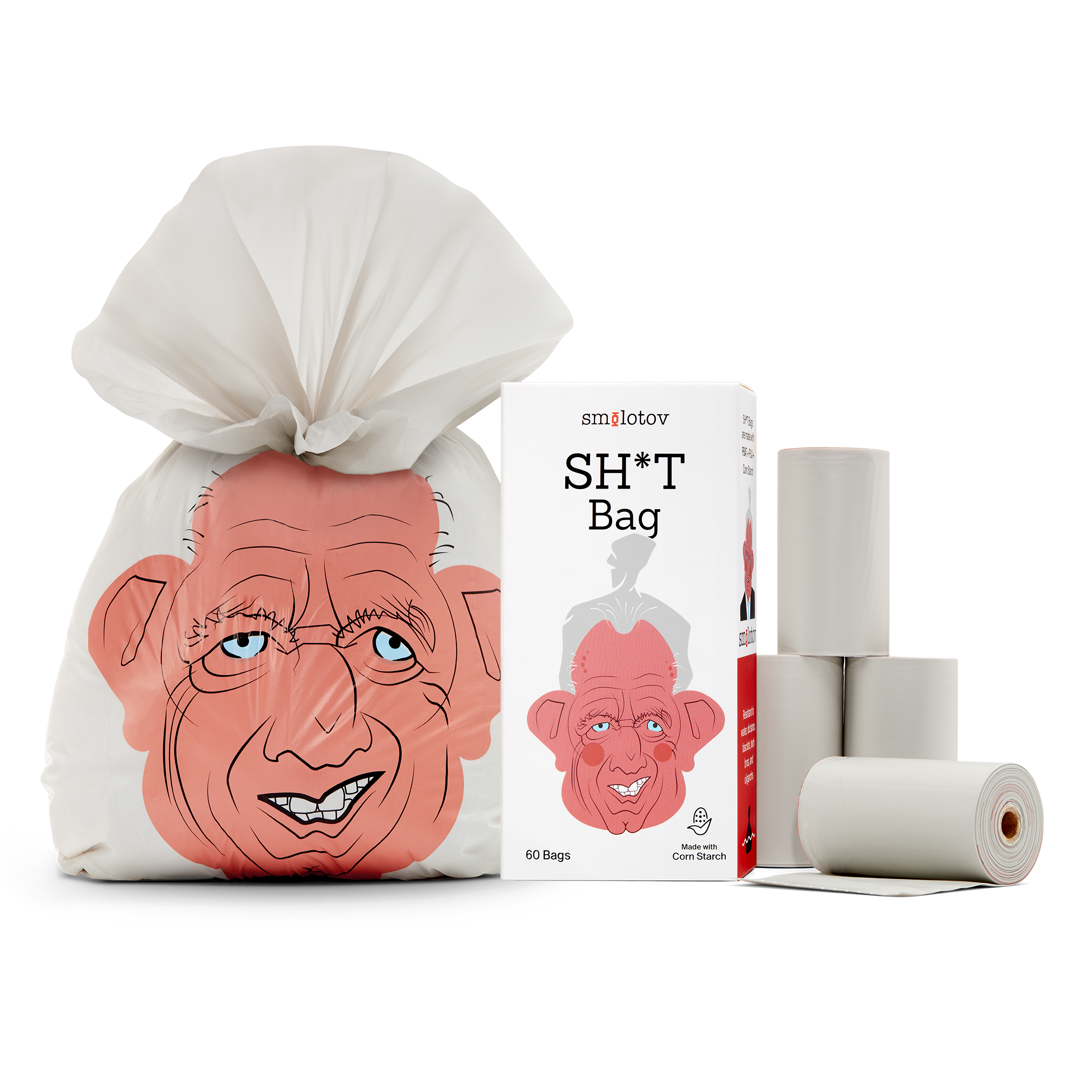 Kennedizine tied waste bag with the character face, alongside the box and 4 rolls of 15 bags