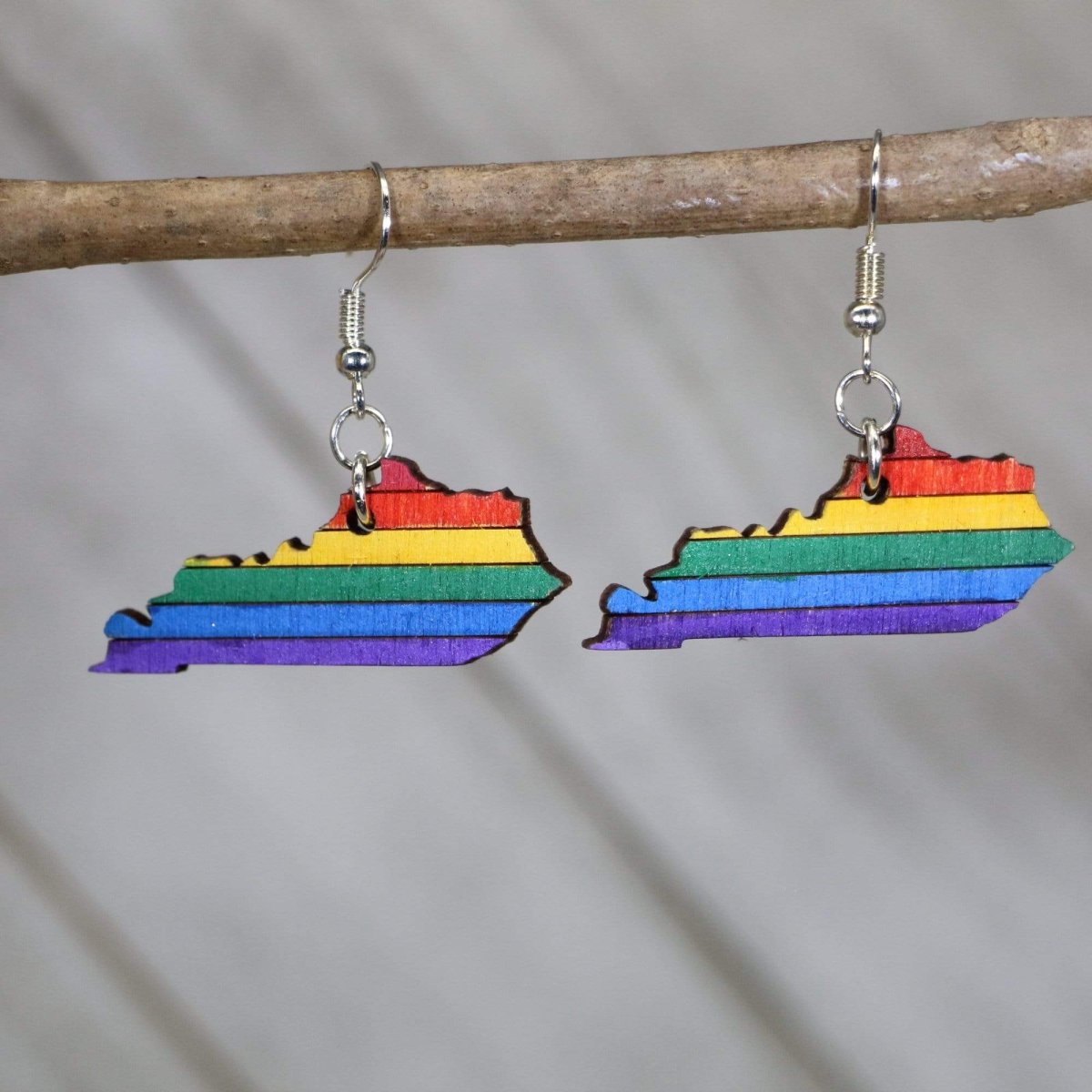 Hand-painted wooden Kentucky LGBTQ pride dangle earrings with rainbow state design and hypoallergenic sterling silver hooks, lightweight pride statement jewelry earrings for Kentucky pride and inclusive style
