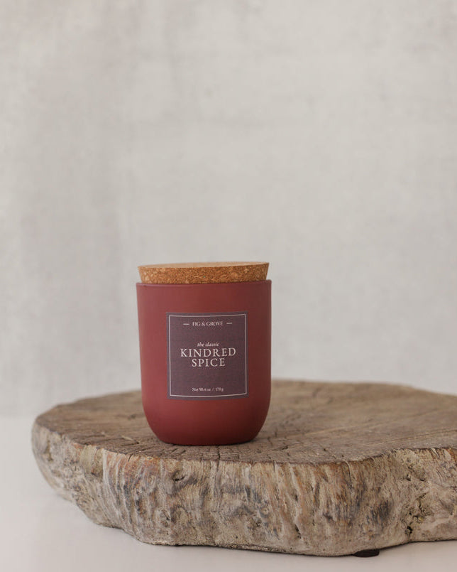 Kindred Spice candle in umber glass jar with cork lid – Fig & Grove