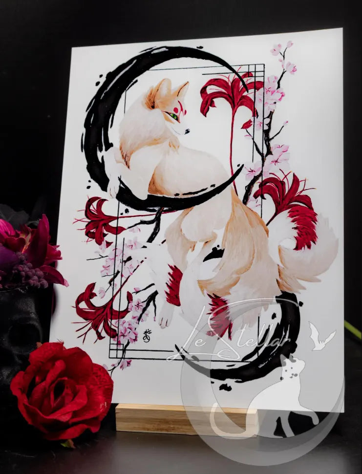 Kitsune Fox Art Painting Print, Japanese Sumi-e Inspired Wall Art