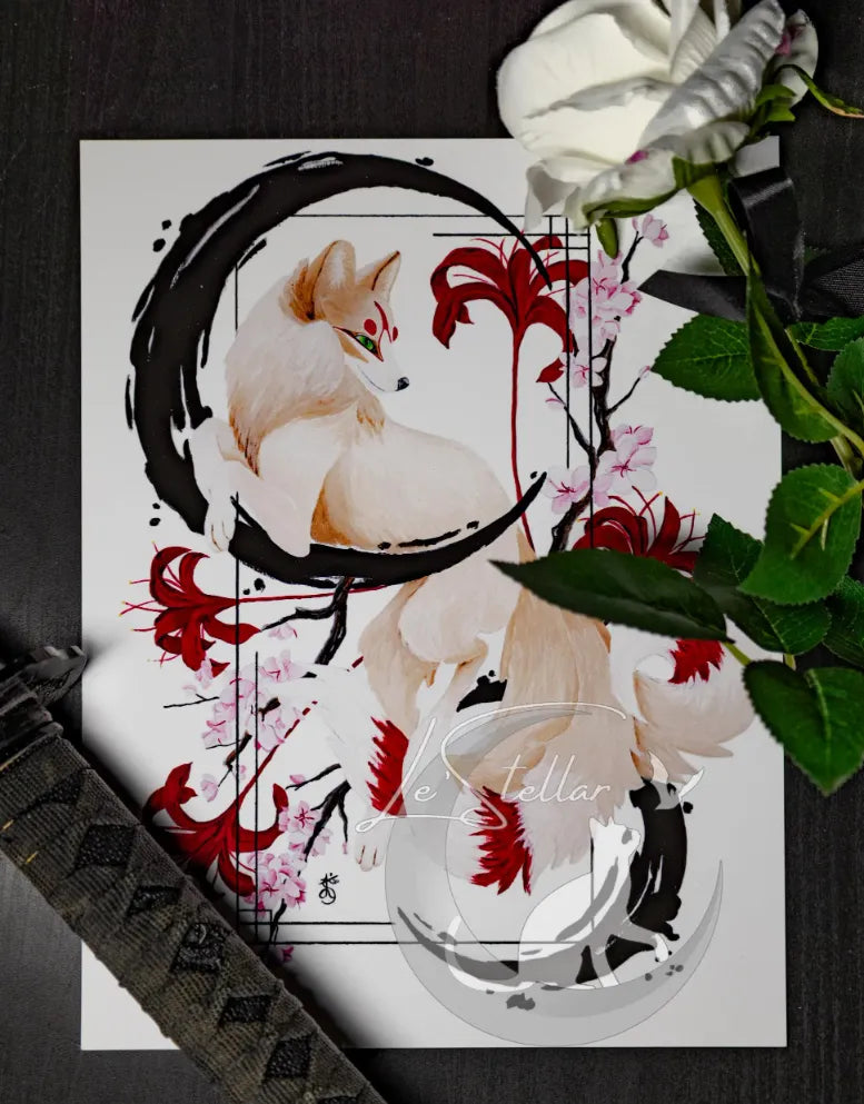 Kitsune Fox Art Painting Print, Japanese Sumi-e Inspired Wall Art