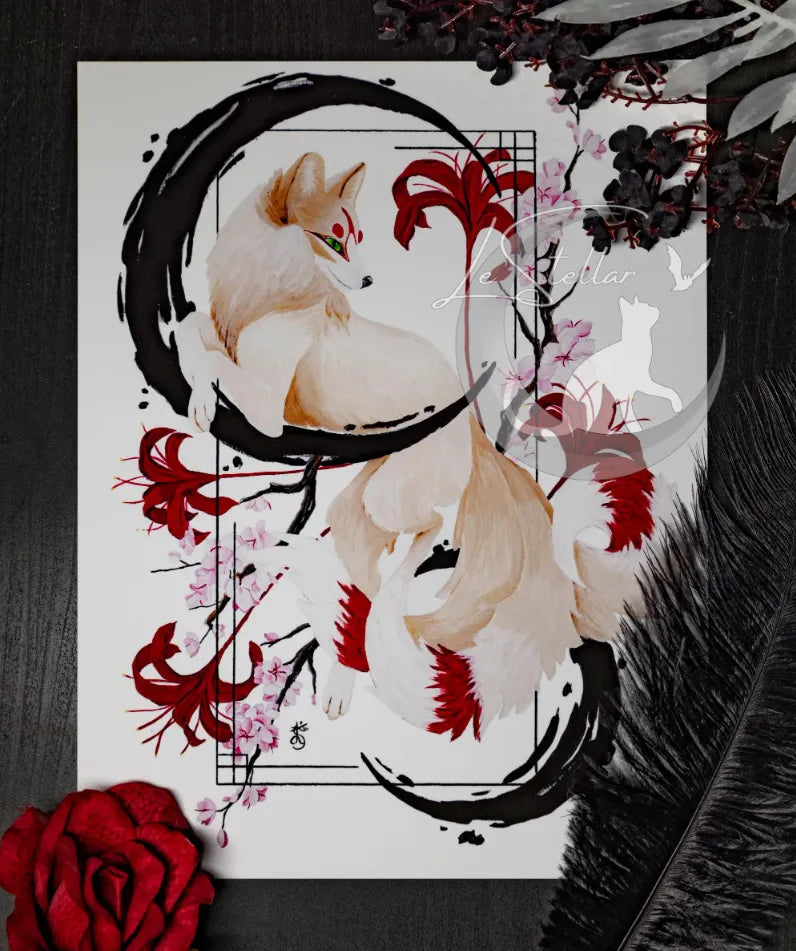 Kitsune Fox Art Painting Print, Japanese Sumi-e Inspired Wall Art