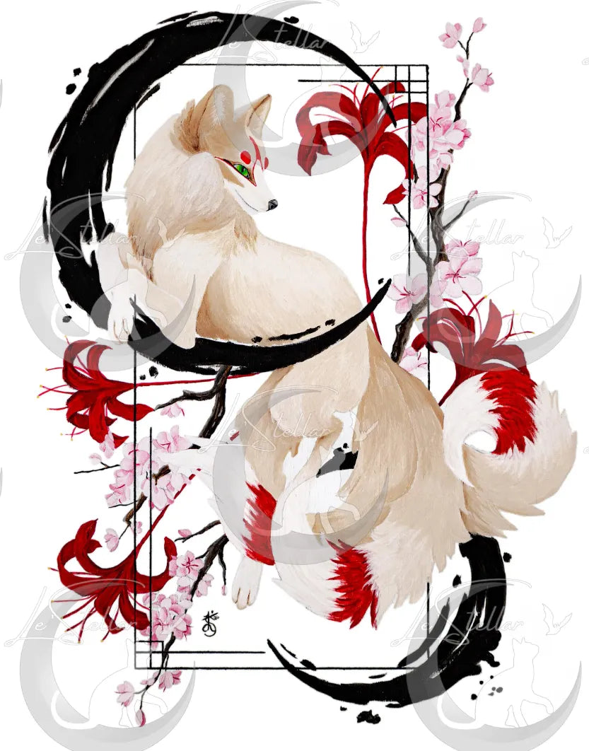 Kitsune Fox Art Painting Print, Japanese Sumi-e Inspired Wall Art