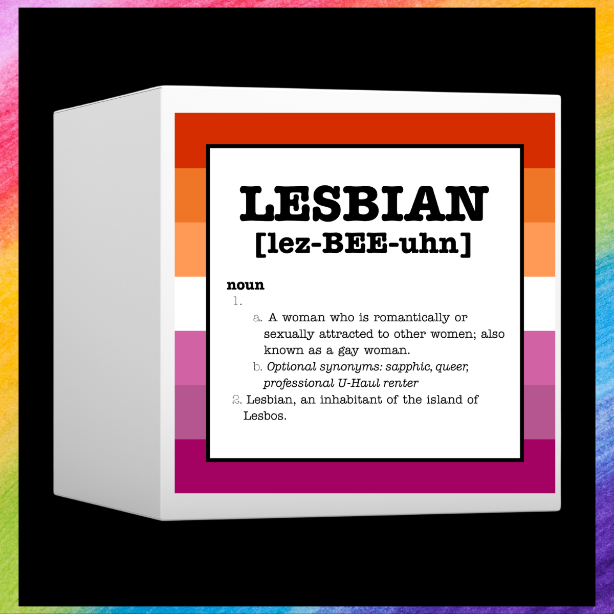 A 3D box mockup displaying a dictionary-style definition card for the word &