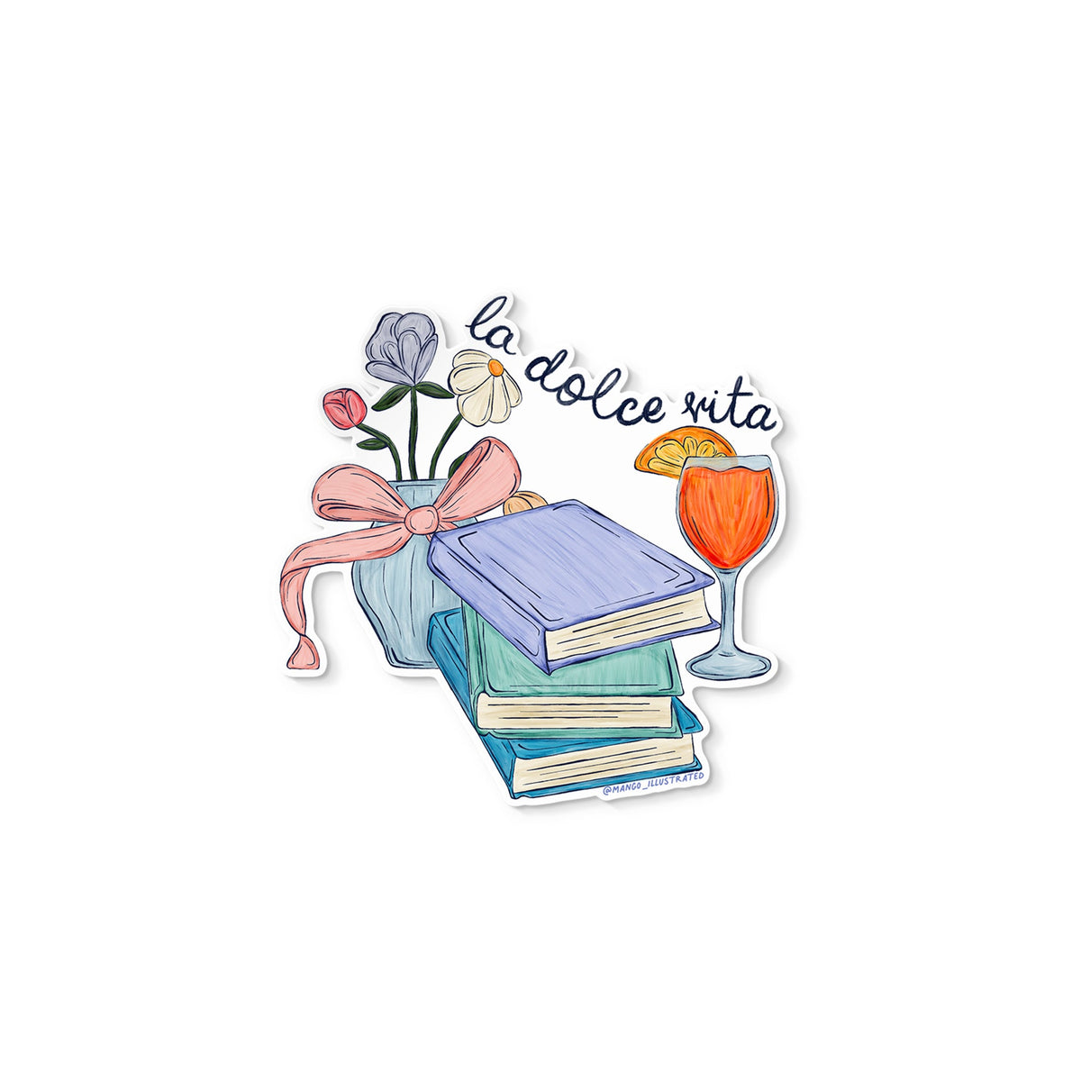 La Dolce Vita sticker flat lay — aesthetic bookish Italian vinyl sticker for laptops, journals and water bottles by indie artist MangoIllustrated