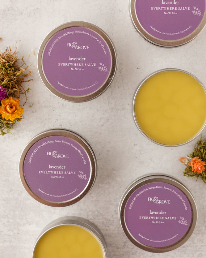 Fig & Grove Everywhere Salve in Lavender scent in a metal tin, natural beeswax balm for dry skin.