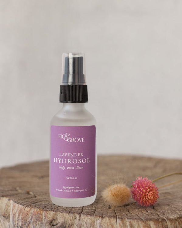 Lavender hydrosol in a 2 oz frosted white glass bottle