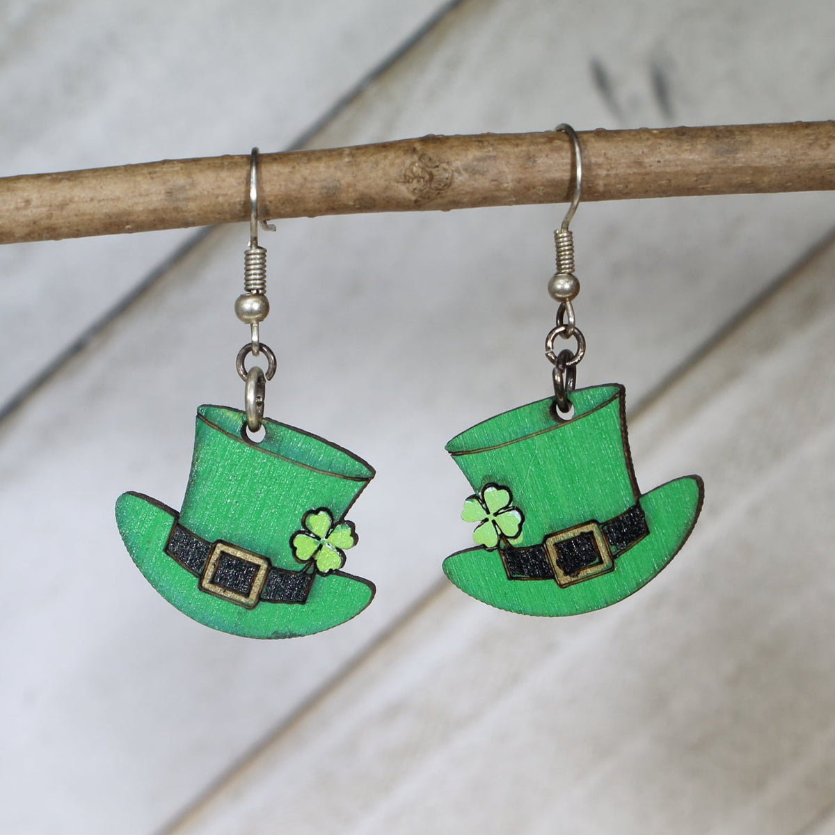 Hand-painted wooden leprechaun hat dangle earrings with festive St. Patrick’s Day design and hypoallergenic sterling silver hooks, lightweight lucky charm jewelry for Irish celebrations and holiday style by Cate’s Concepts