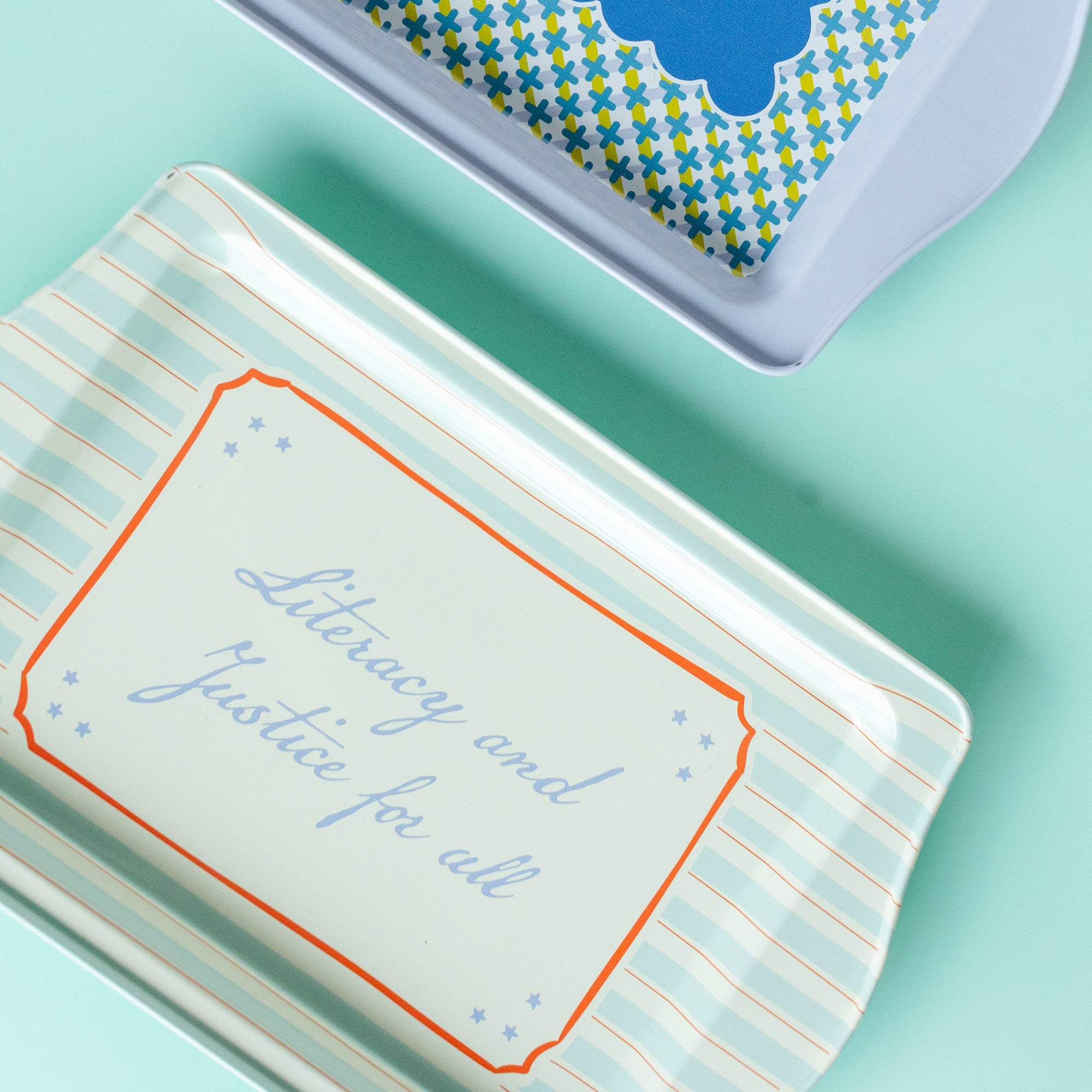 Literacy and Justice for All trinket tray with book lover accessories displayed on ceramic tray, Jollity & Co.