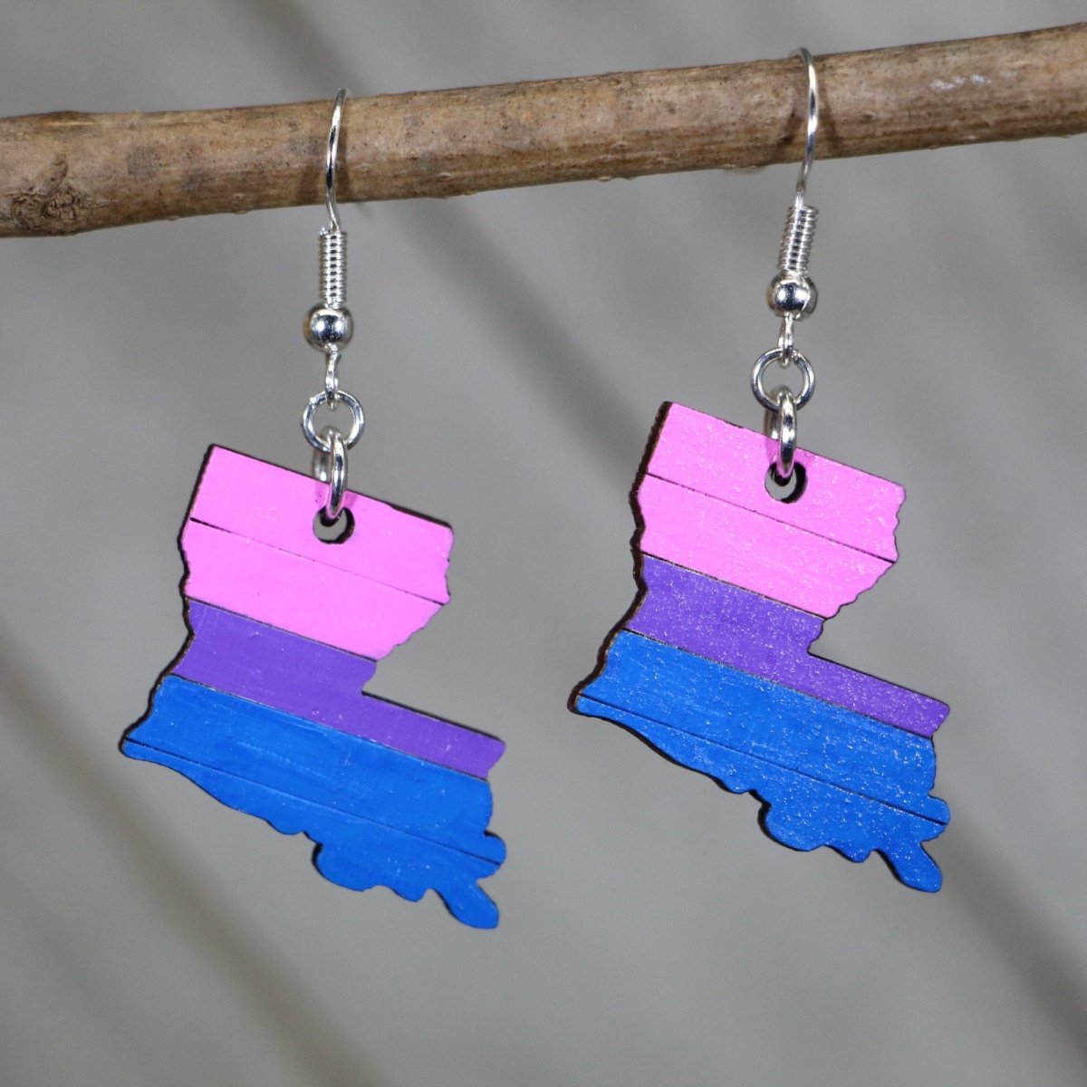 Hand-painted wooden Louisiana bisexual pride dangle earrings with bi flag inspired state design and hypoallergenic sterling silver hooks, lightweight LGBTQ statement jewelry earrings for Louisiana pride and inclusive style