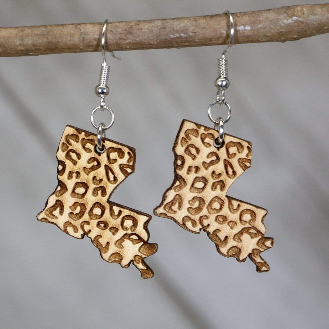 Hand-painted wooden Louisiana state cheetah print dangle earrings with bold animal print design and hypoallergenic sterling silver hooks, lightweight Louisiana statement jewelry earrings for southern style and state pride