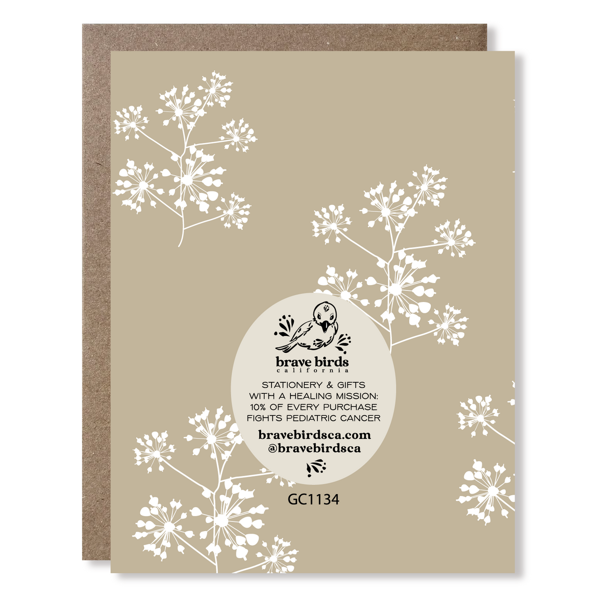 Back of greeting card with continued print and brand information