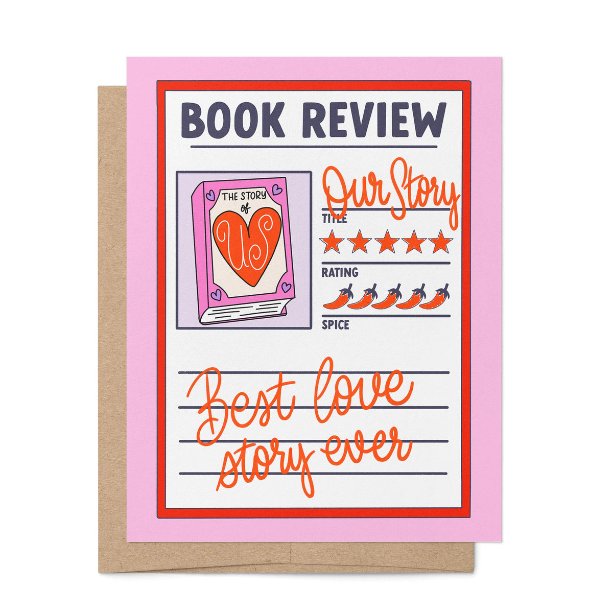Book Review love card — hand drawn book with hearts in a book review layout, A2 4.25 x 5.5 inches, by MangoIllustrated