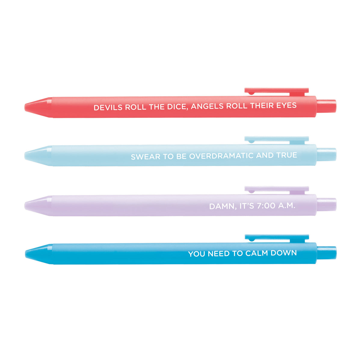 Lover Pen Set — 4 pastel jotter gel pens in coral, powder blue, lilac and bright blue with matching ink, 0.5mm fine point, by MangoIllustrated
