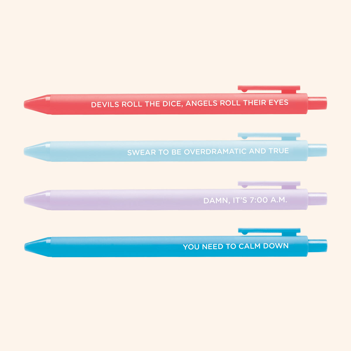 Lover Pen Set flat lay — pastel jotter pens with embossed lettering, desk gift by indie artist MangoIllustrated