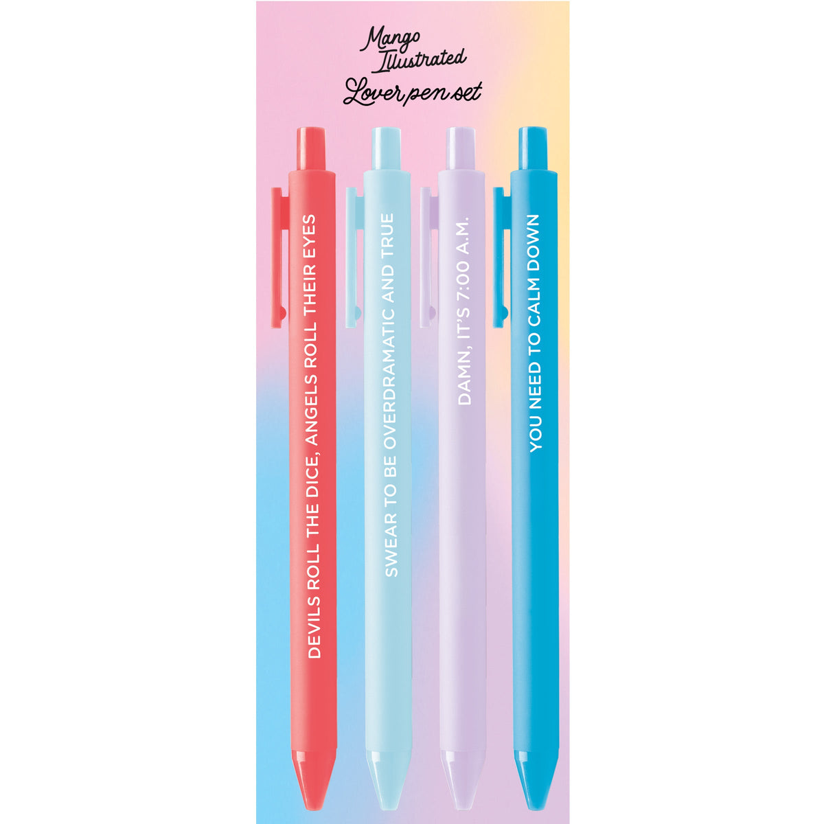 Lover Pen Set with its card backing — pastel gel pen set packaged in a cello sleeve by indie artist MangoIllustrated