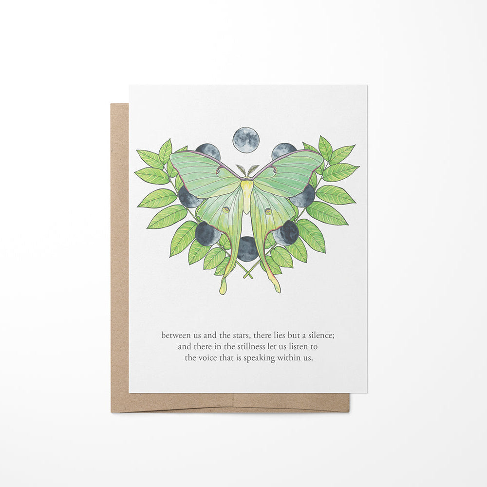 A greeting card featuring a watercolor painting of a luna moth with leaves on a beige background, paired with a quote by Jerome K. Jerome.