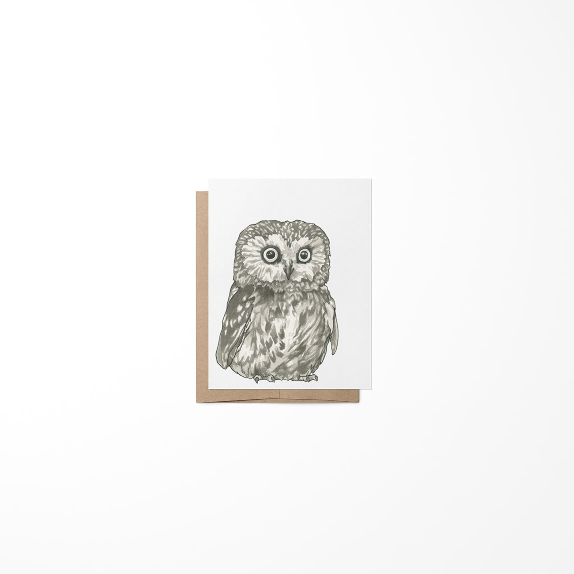 A greeting card featuring a monochrome ink painting of an owl on the front cover, with a Kraft envelope.