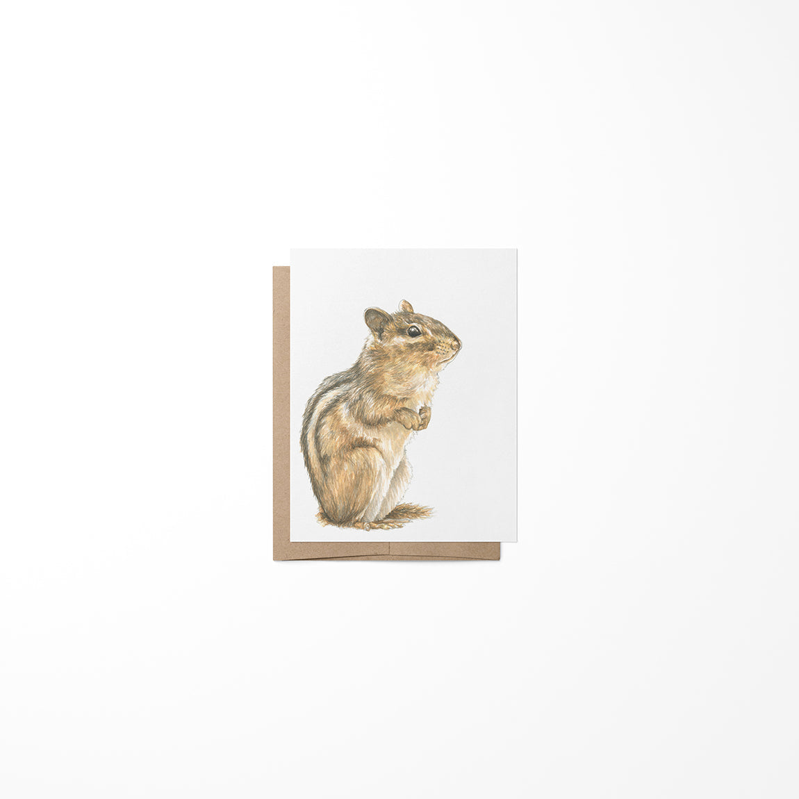 A greeting card featuring a chipmunk illustration, with a beige background and a Kraft envelope.