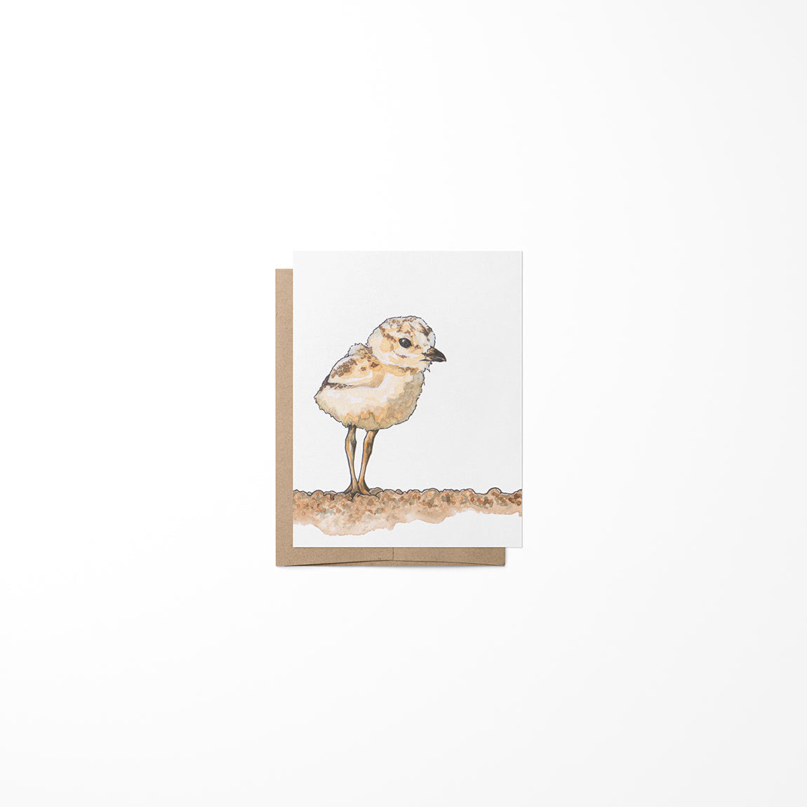 A greeting card featuring a miniature painting of a chick bird on a white background, with a Kraft envelope.