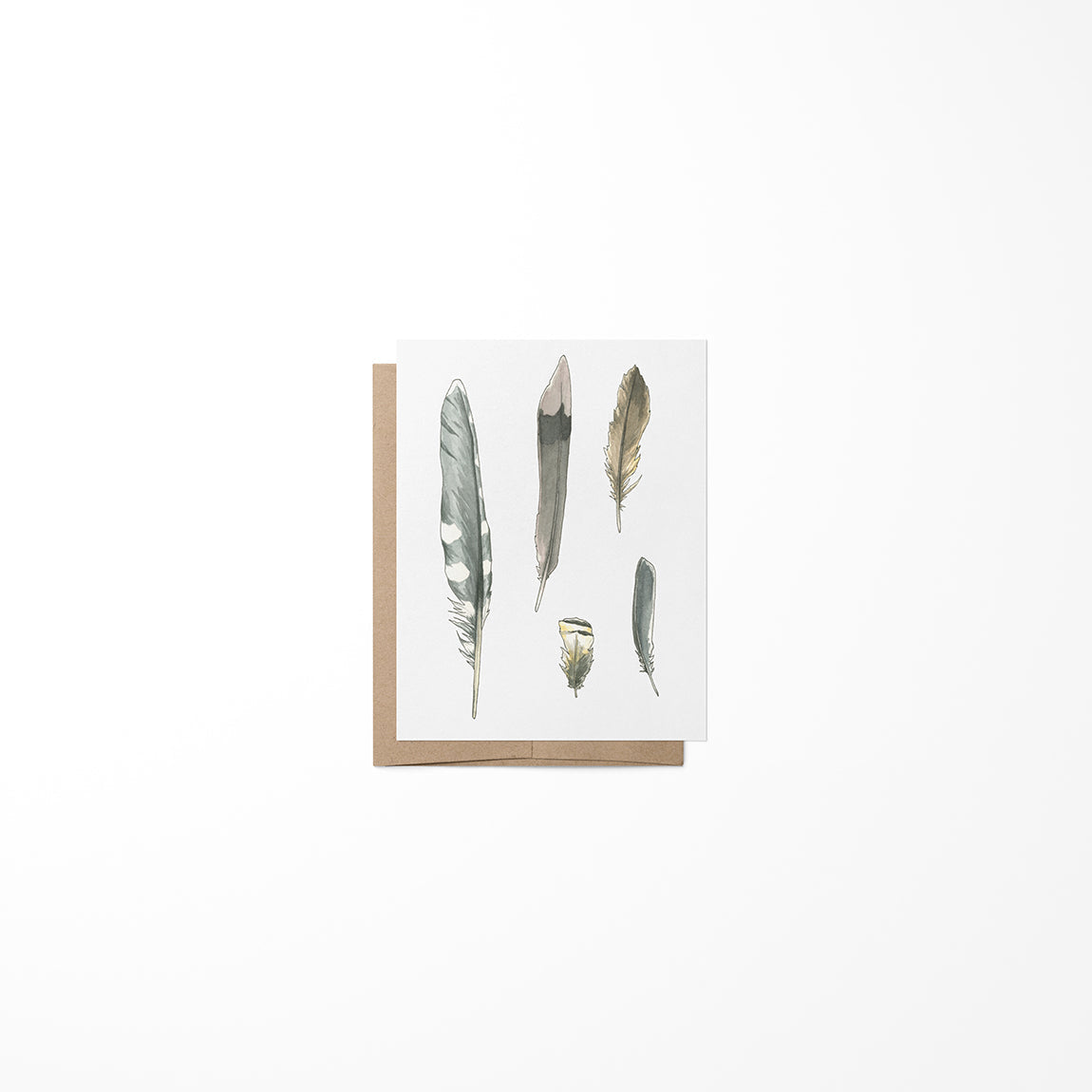 A greeting card with a minimalist design featuring a collection of feathers in various shades of gray and beige, displayed in a vertical orientation.