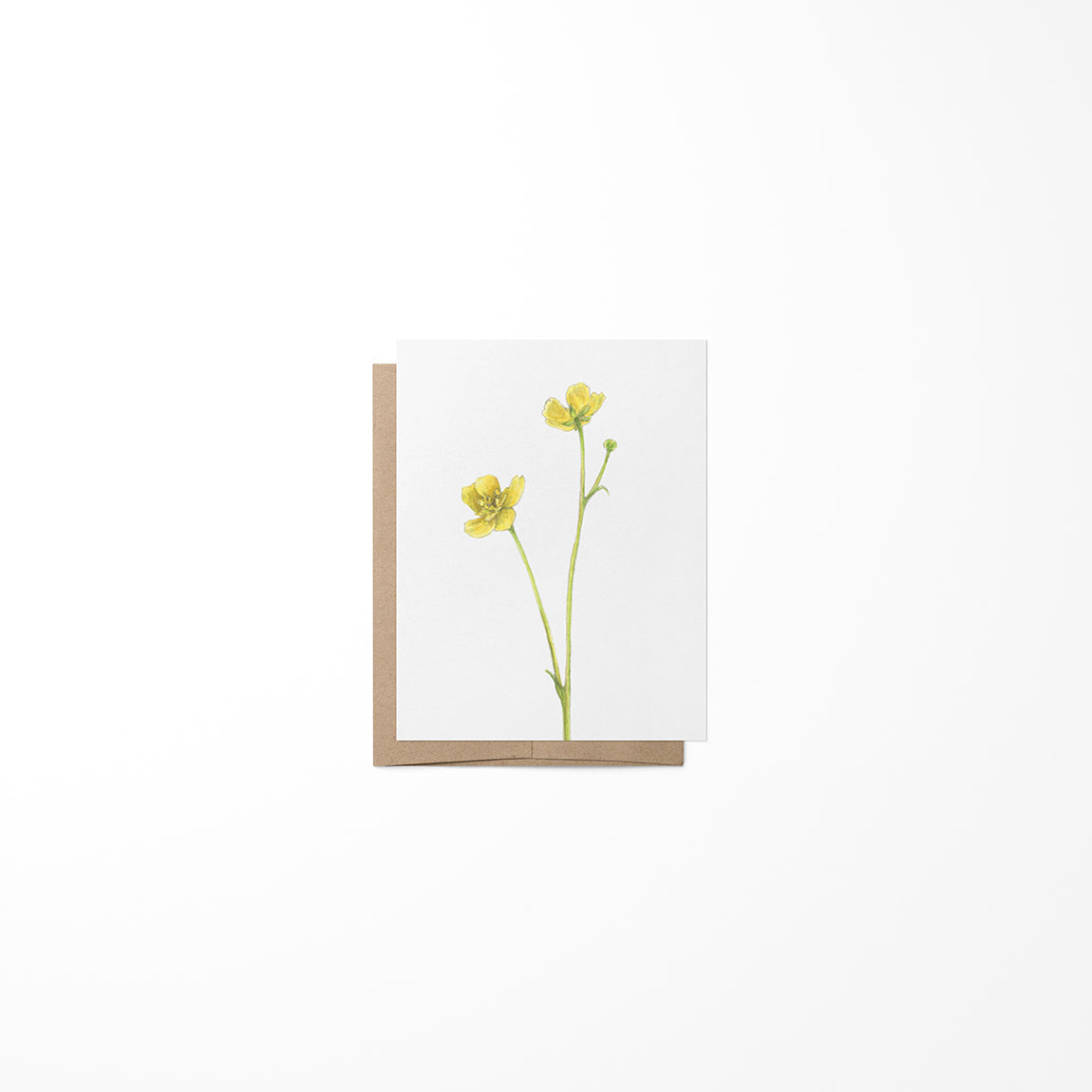 A greeting card with a buttercup flower illustration on the front, made from heavy paper stock, with a blank inside for a message.