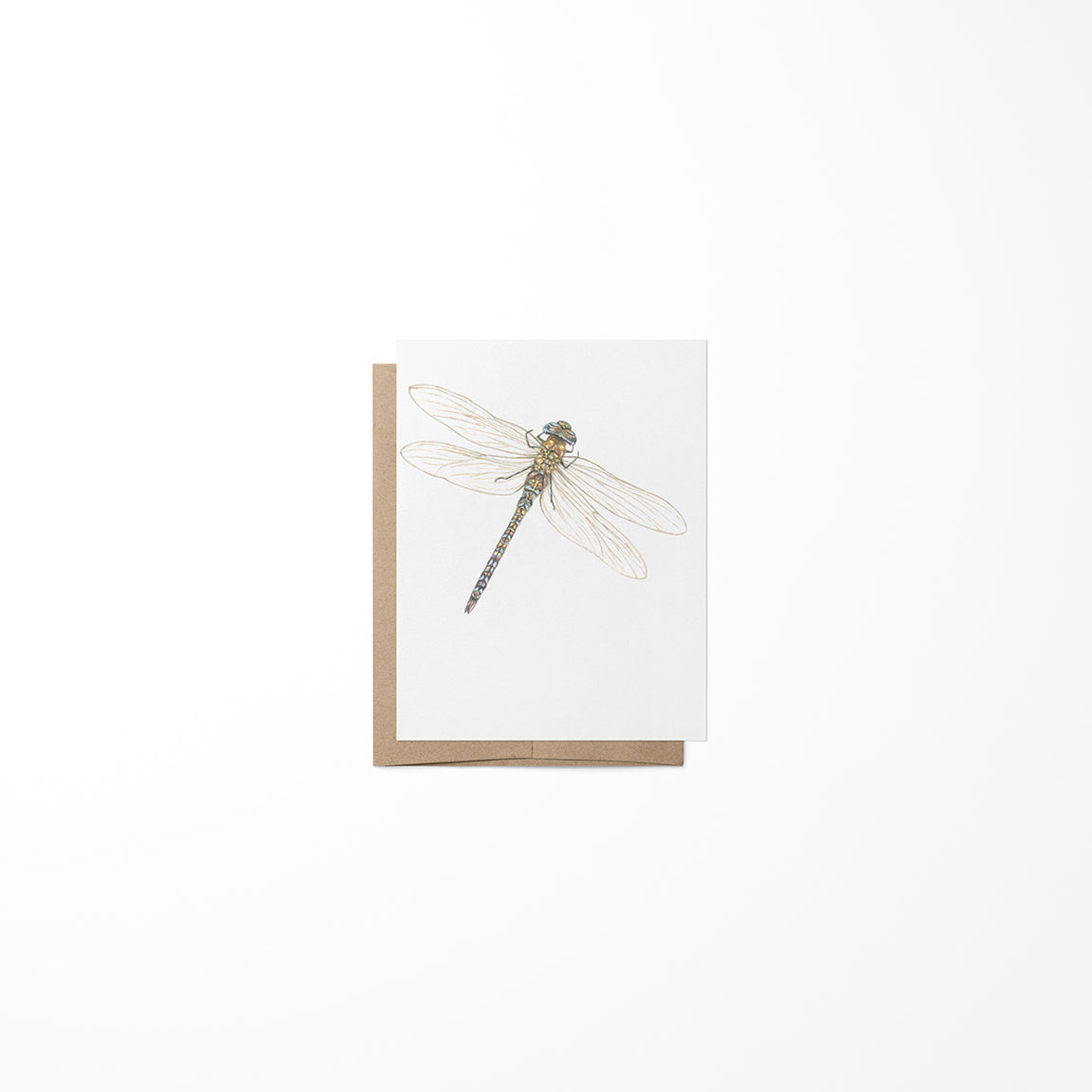 A greeting card with a dragonfly illustration on the front, made from heavy card stock paper with a Kraft envelope.
