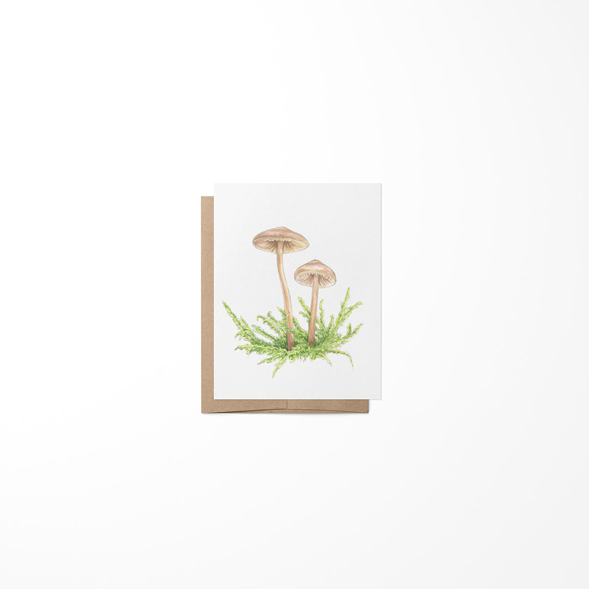A greeting card featuring a miniature painting of mushrooms on a white background, with a Kraft envelope.