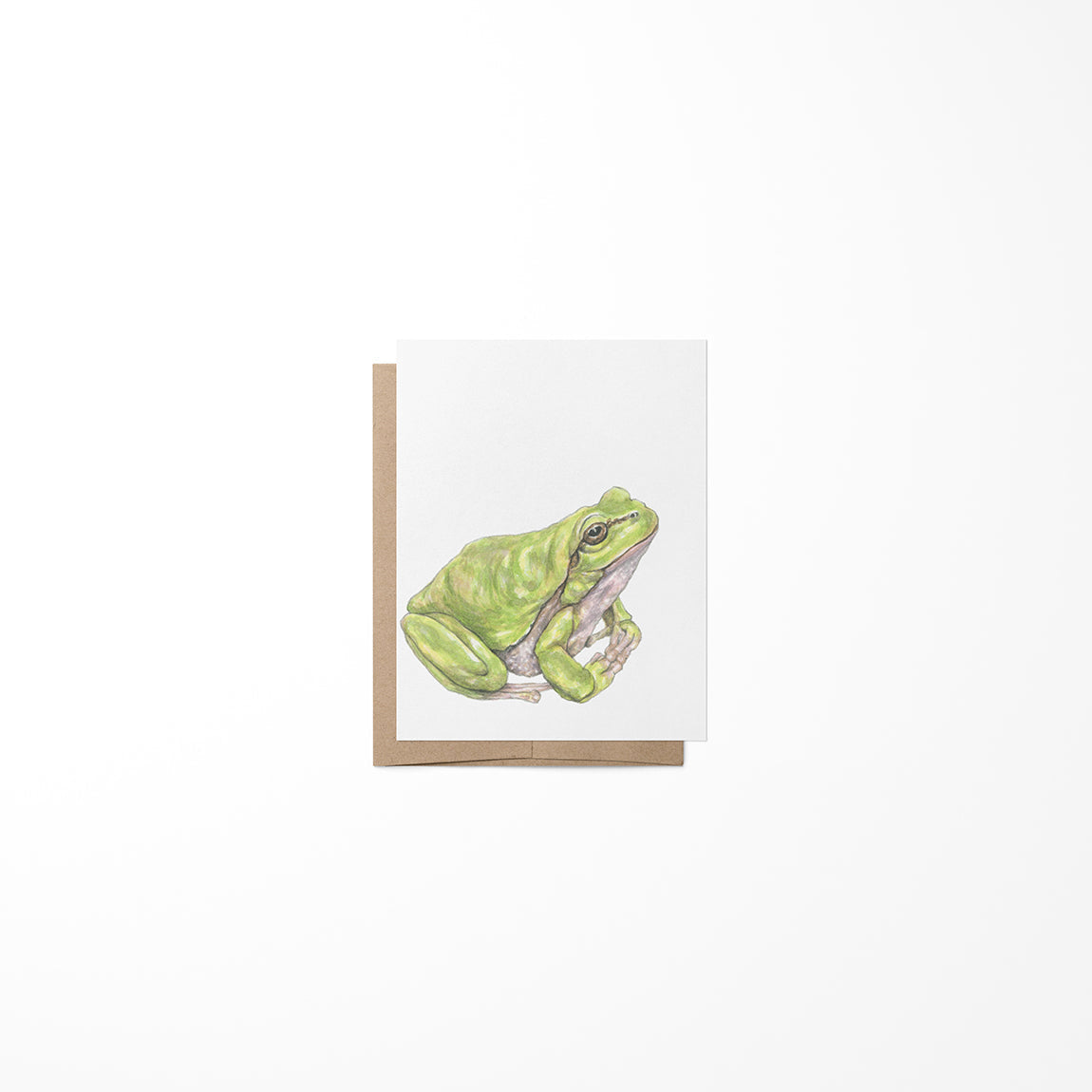 Mini greeting card featuring a green frog illustration on a white background with a brown Kraft envelope