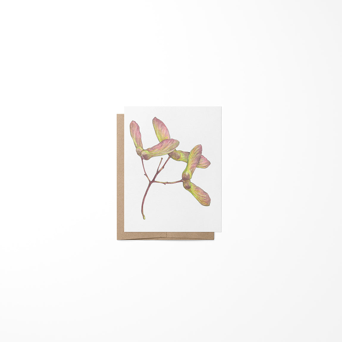 A greeting card featuring a maple seeds painting with a beige background and multicolored maple leaves on a wooden texture.