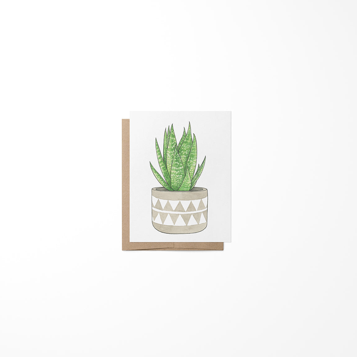 A greeting card with a drawing of an aloe plant in a pot, set against a white background.
